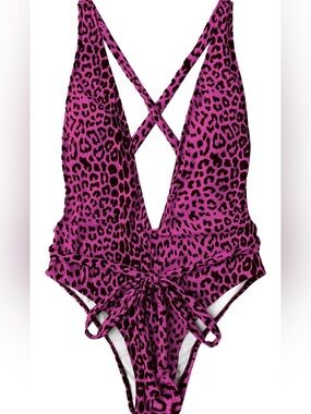 Hot Pink Leopard-Print One-Piece Swimsuit with Crisscross Back Medium